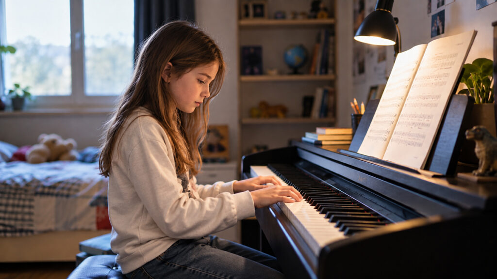 Bambina che studia pianoforte a casa - Daigo Music School Padova