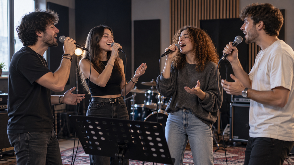 Quartetto vocale in sala prove - corsi di canto Metodo Vocalrise, Daigo Music School Padova