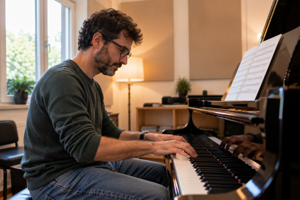 10-Pianista adulto concentrato nello studio caldo